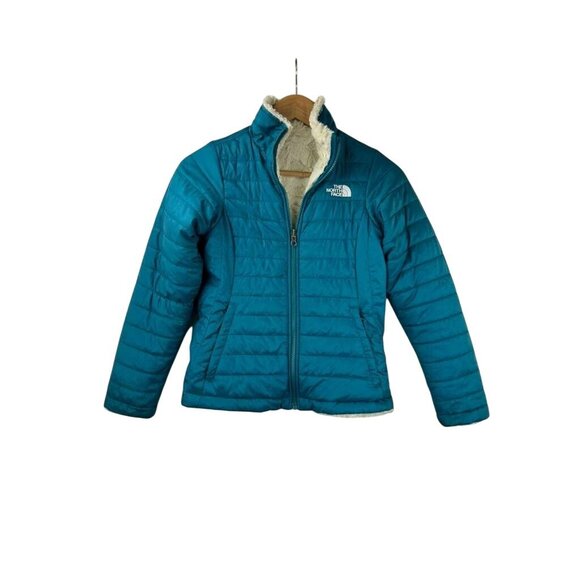 The North Face Reversible Girls Medium Teal Jacket Puffer Fuzzy Fleece Full Zip - Picture 9 of 16